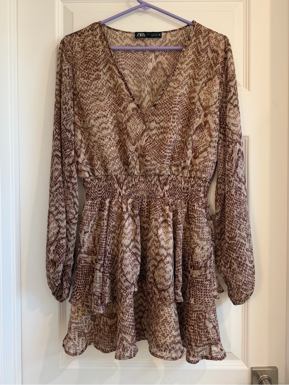 Zara Brown Snake-Print Long Sleeve V-Neck Mini Dress